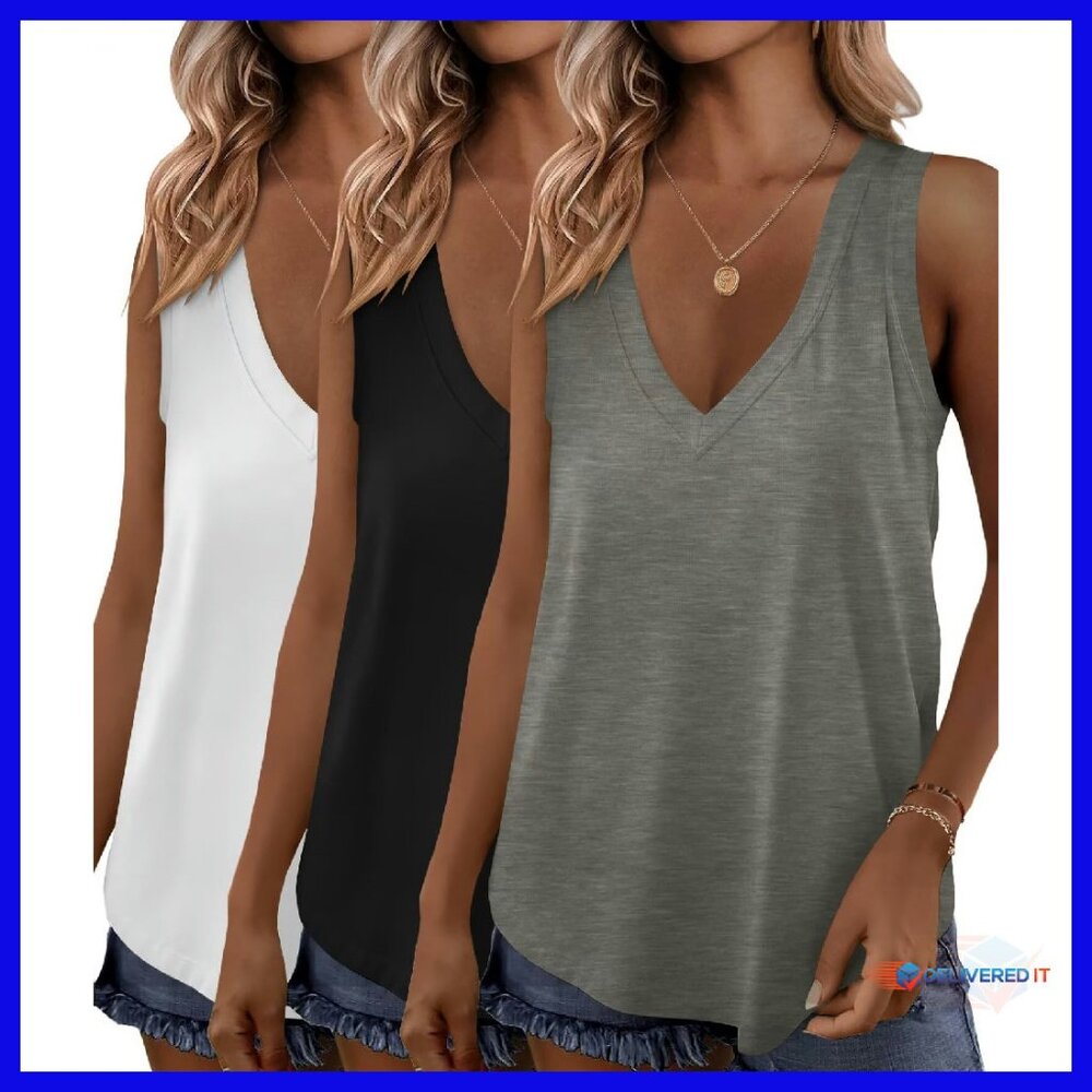 Women's V-Neck Tank Tops 3-Pack Loose Fit Workout Casual Summer